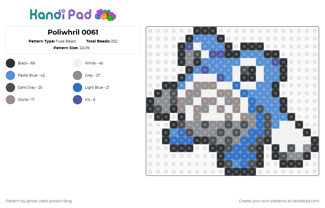 Poliwhril 0061 - Fuse Bead Pattern by ghost-used-poison-fang on Kandi Pad - gray,light blue,pokemon