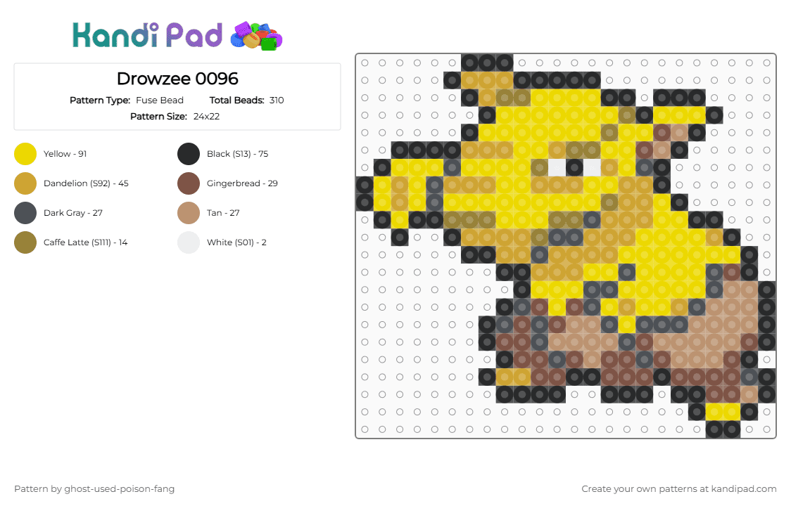 Drowzee 0096 - Fuse Bead Pattern by ghost-used-poison-fang on Kandi Pad - yellow,orange
