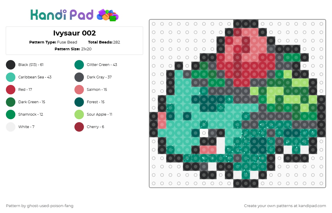 Ivysaur 0002 - Fuse Bead Pattern by ghost-used-poison-fang on Kandi Pad - gray,teal