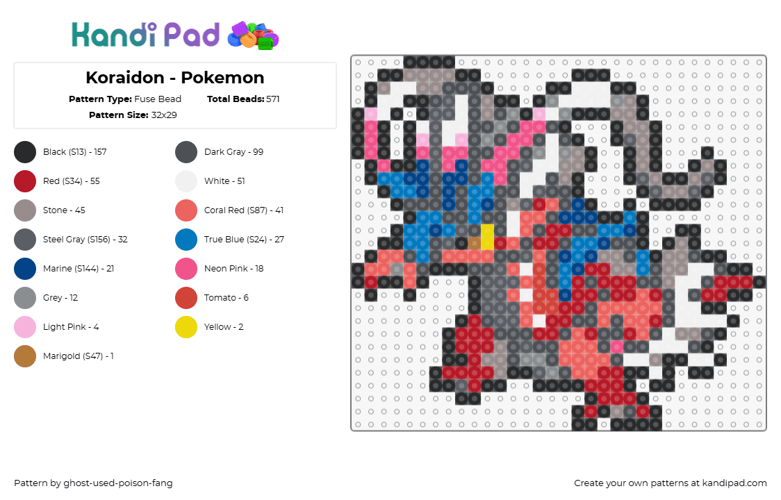 Koraidon - Pokemon - Fuse Bead Pattern by ghost-used-poison-fang on Kandi Pad - koraidon,pokemon,character,gaming,red,blue,gray