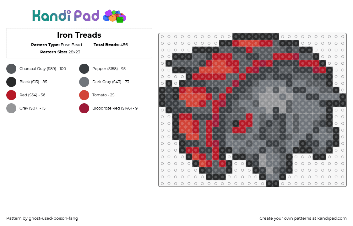 Iron Treads - Pokemon - Fuse Bead Pattern by ghost-used-poison-fang on Kandi Pad - iron treads,pokemon,character,gaming,red,gray