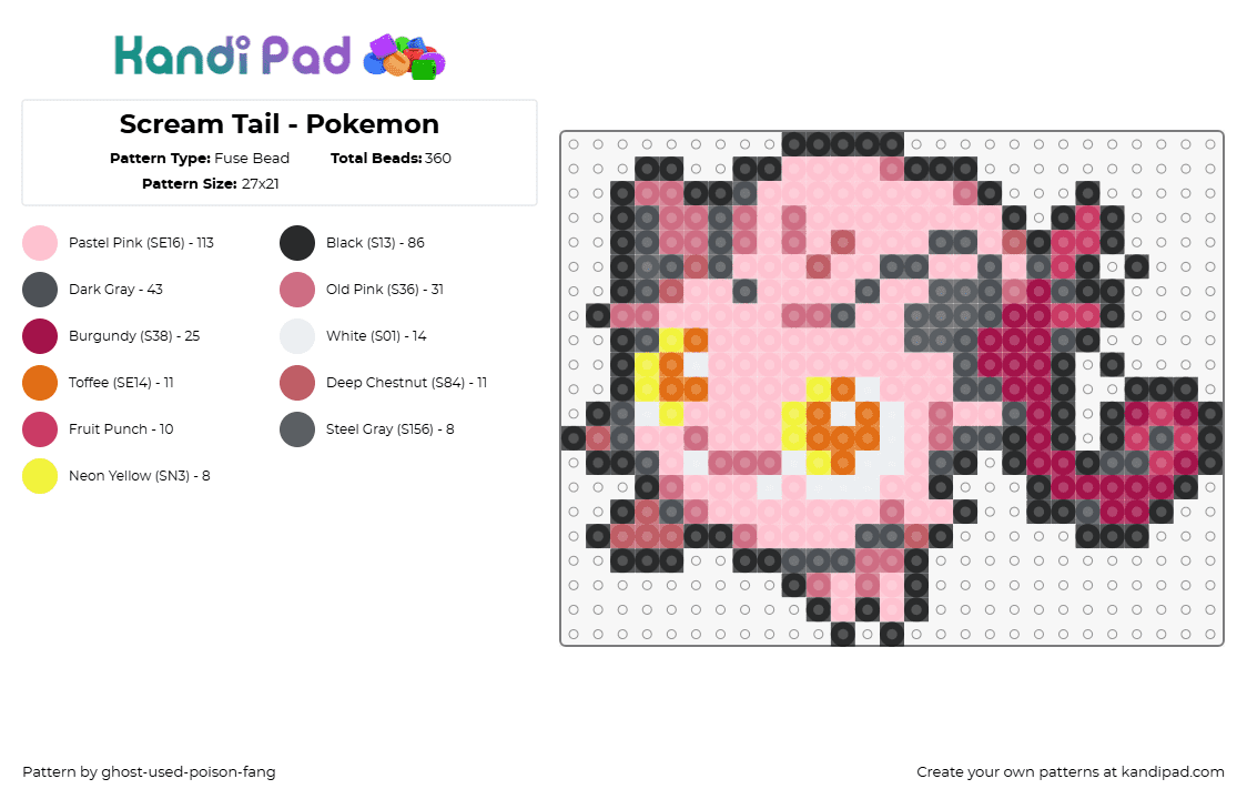 Scream Tail - Pokemon - Fuse Bead Pattern by ghost-used-poison-fang on Kandi Pad - scream tail,pokemon,character,gaming,pink