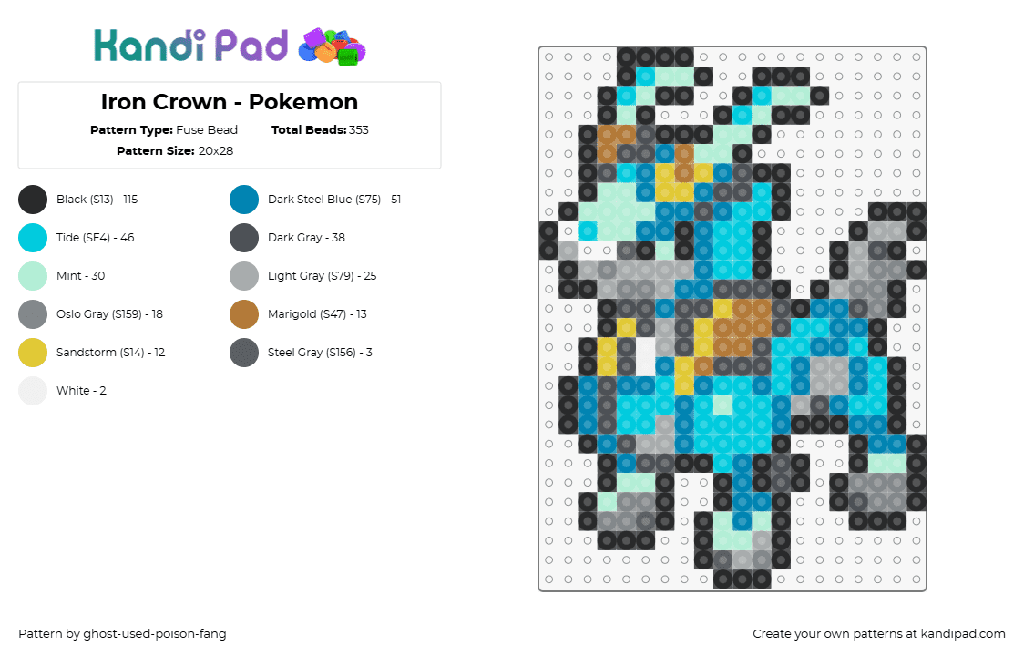 Iron Crown - Pokemon - Fuse Bead Pattern by ghost-used-poison-fang on Kandi Pad - iron crown,pokemon,character,gaming,teal