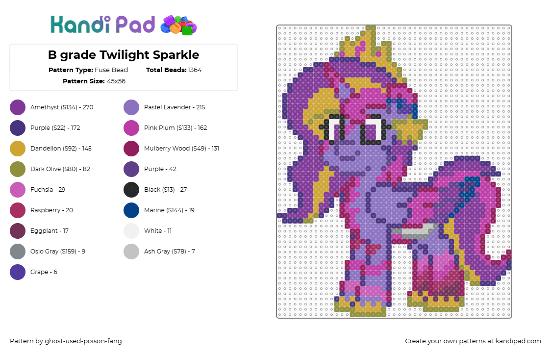 B grade Twilight Sparkle - Fuse Bead Pattern by ghost-used-poison-fang on Kandi Pad - pink,purple,blue