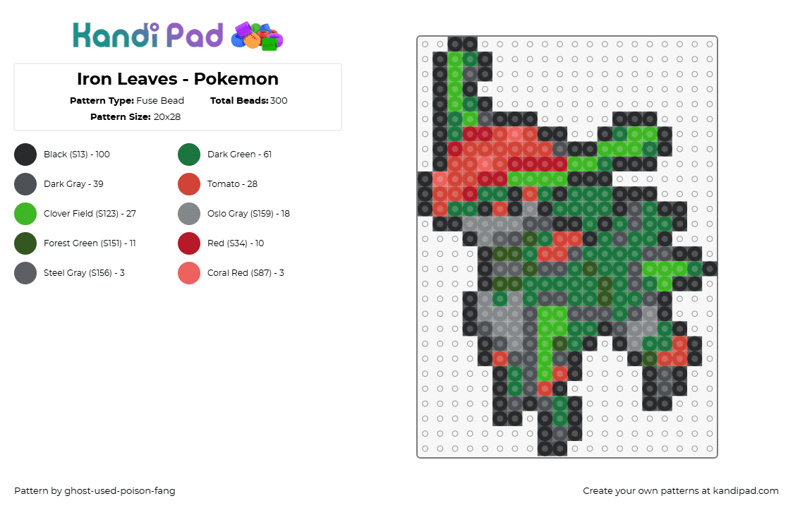 Iron Leaves - Pokemon - Fuse Bead Pattern by ghost-used-poison-fang on Kandi Pad - iron leaves,pokemon,character,gaming,green