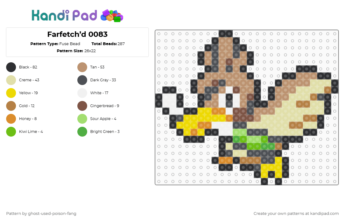 Farfetch’d 0083 - Fuse Bead Pattern by ghost-used-poison-fang on Kandi Pad - gray,yellow,beige,pokemon