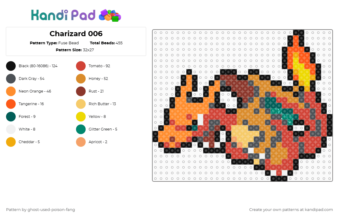 Charizard 0006 - Fuse Bead Pattern by ghost-used-poison-fang on Kandi Pad - gray,orange,red