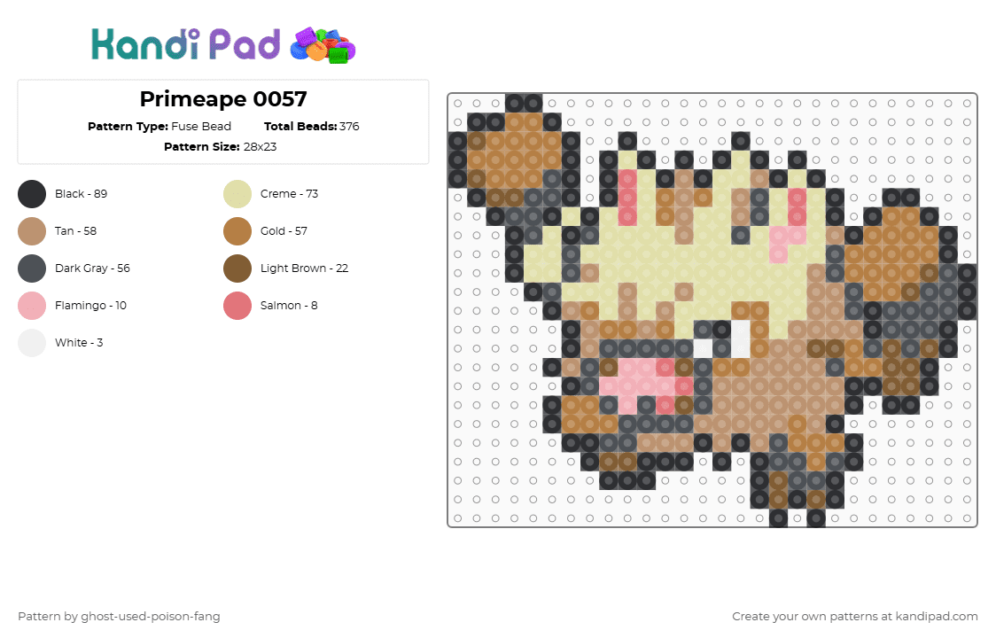 Primeape 0057 - Fuse Bead Pattern by ghost-used-poison-fang on Kandi Pad - gray,beige,tan,yellow,pokemon
