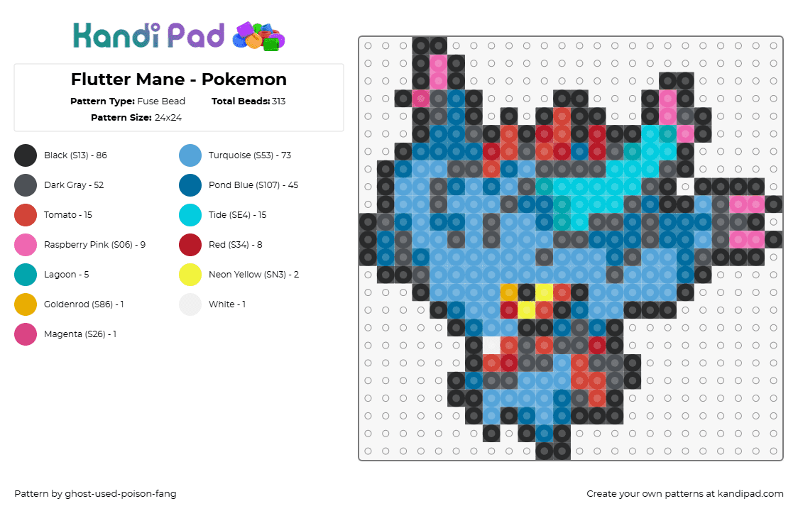 Flutter Mane - Pokemon - Fuse Bead Pattern by ghost-used-poison-fang on Kandi Pad - flutter mane,pokemon,character,gaming,blue