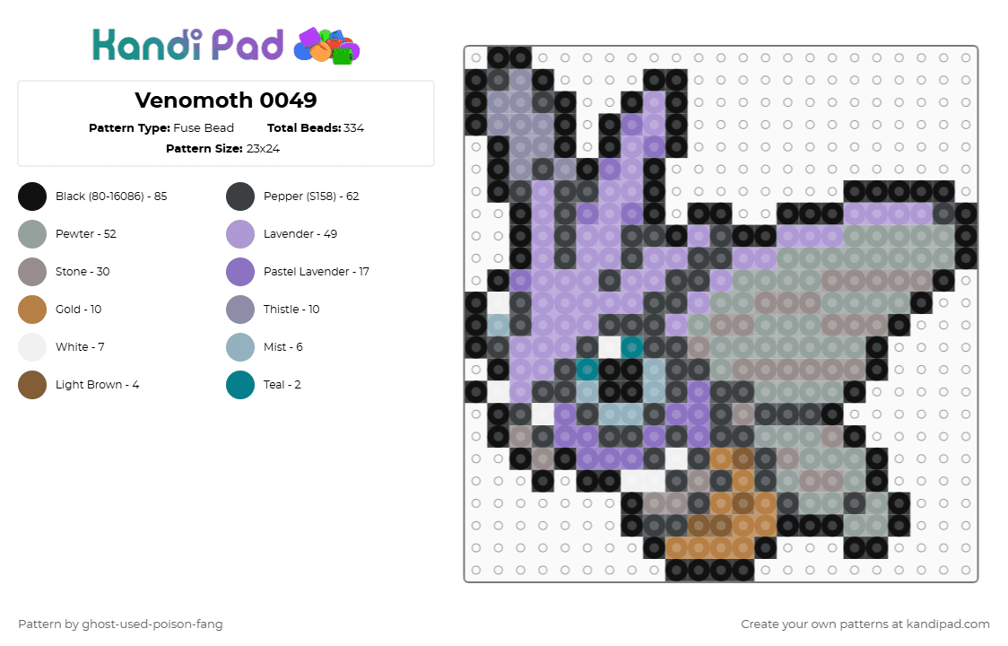 Venomoth 0049 - Fuse Bead Pattern by ghost-used-poison-fang on Kandi Pad - black,gray,pink,pokemon