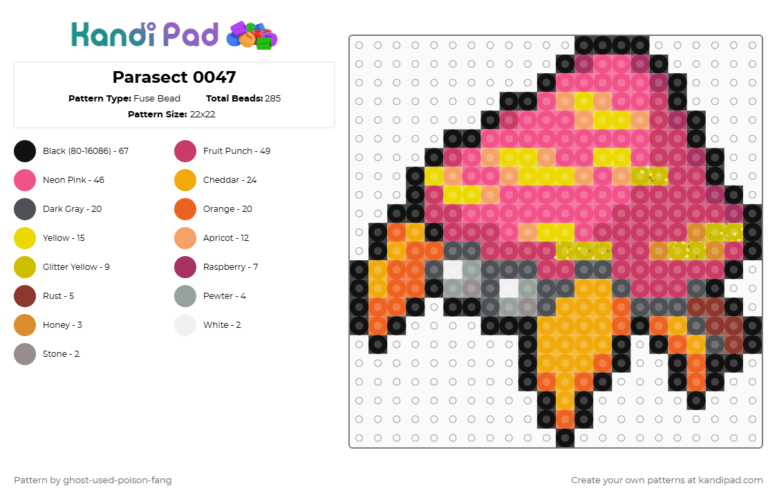 Parasect 0047 - Fuse Bead Pattern by ghost-used-poison-fang on Kandi Pad - pink,orange,pokemon