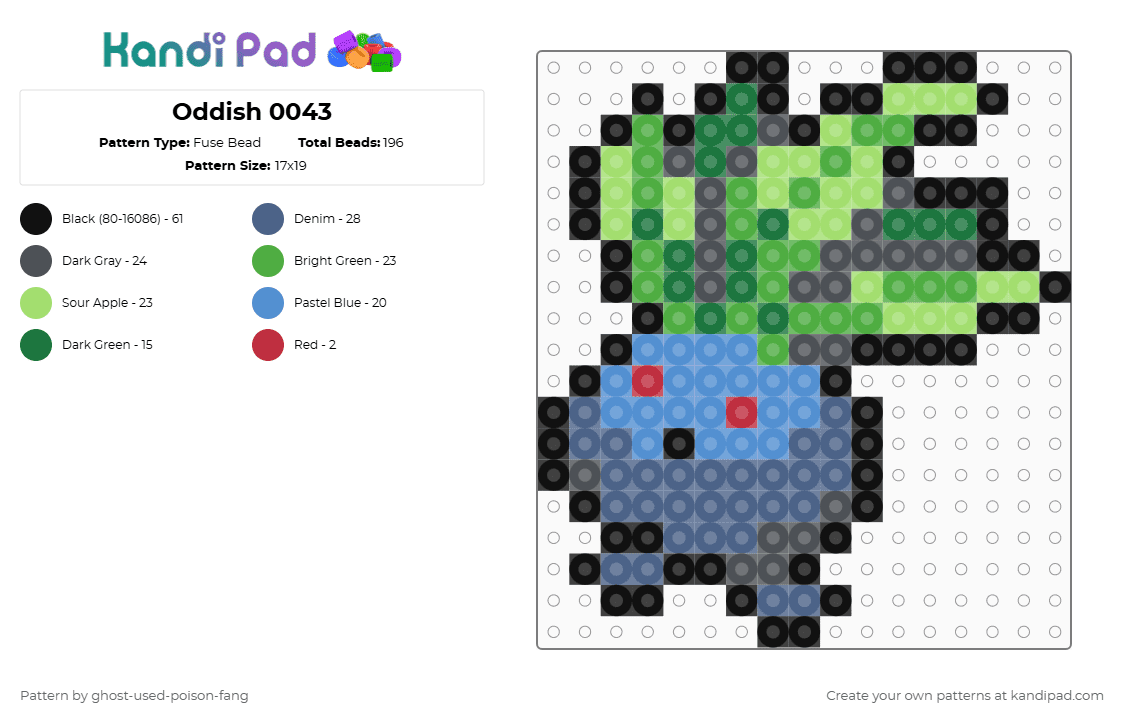 Oddish 0043 - Fuse Bead Pattern by ghost-used-poison-fang on Kandi Pad - blue,green,pokemon