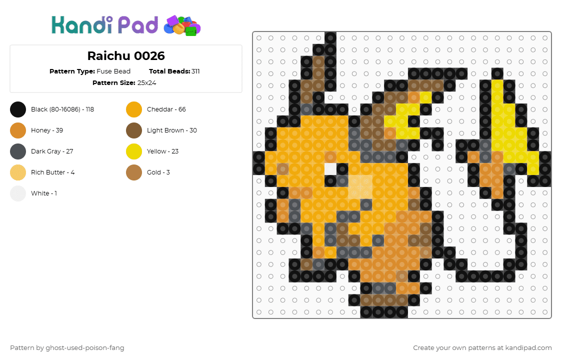Raichu 0026 - Fuse Bead Pattern by ghost-used-poison-fang on Kandi Pad - orange,pokemon