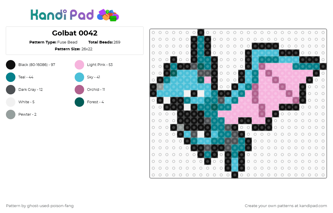 Golbat 0042 - Fuse Bead Pattern by ghost-used-poison-fang on Kandi Pad - pink,teal,light blue,pokemon