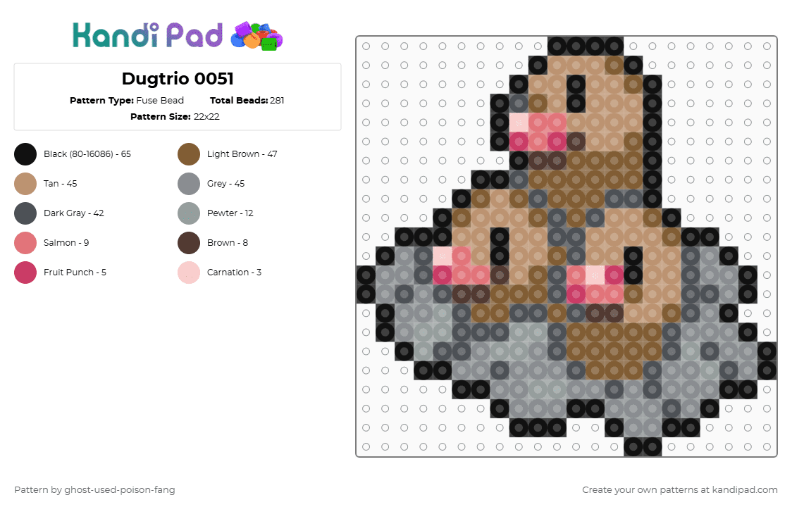 Dugtrio 0051 - Fuse Bead Pattern by ghost-used-poison-fang on Kandi Pad - beige,gray,tan,pokemon