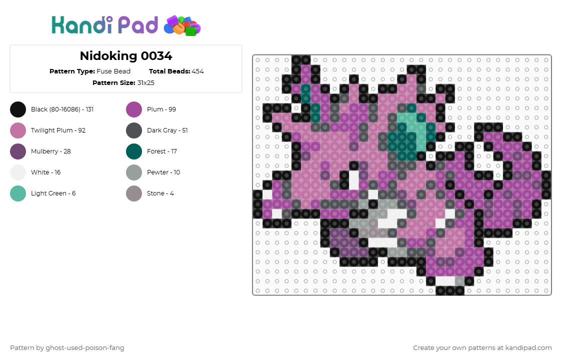 Nidoking 0034 - Fuse Bead Pattern by ghost-used-poison-fang on Kandi Pad - pink,pokemon