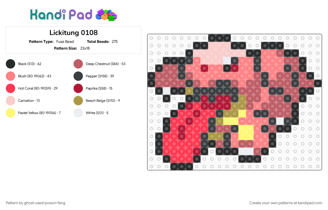 Lickitung 0108 - Fuse Bead Pattern by ghost-used-poison-fang on Kandi Pad - lickitung, pokemon, pokemon sprite, red