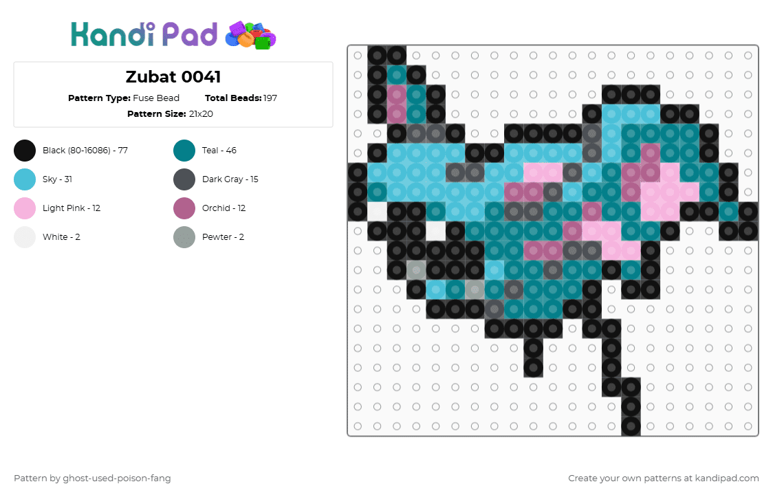 Zubat 0041 - Fuse Bead Pattern by ghost-used-poison-fang on Kandi Pad - light blue,teal,pokemon