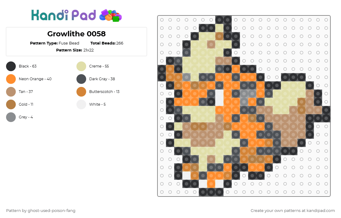 Growlithe 0058 - Fuse Bead Pattern by ghost-used-poison-fang on Kandi Pad - gray,beige,yellow,orange,pokemon