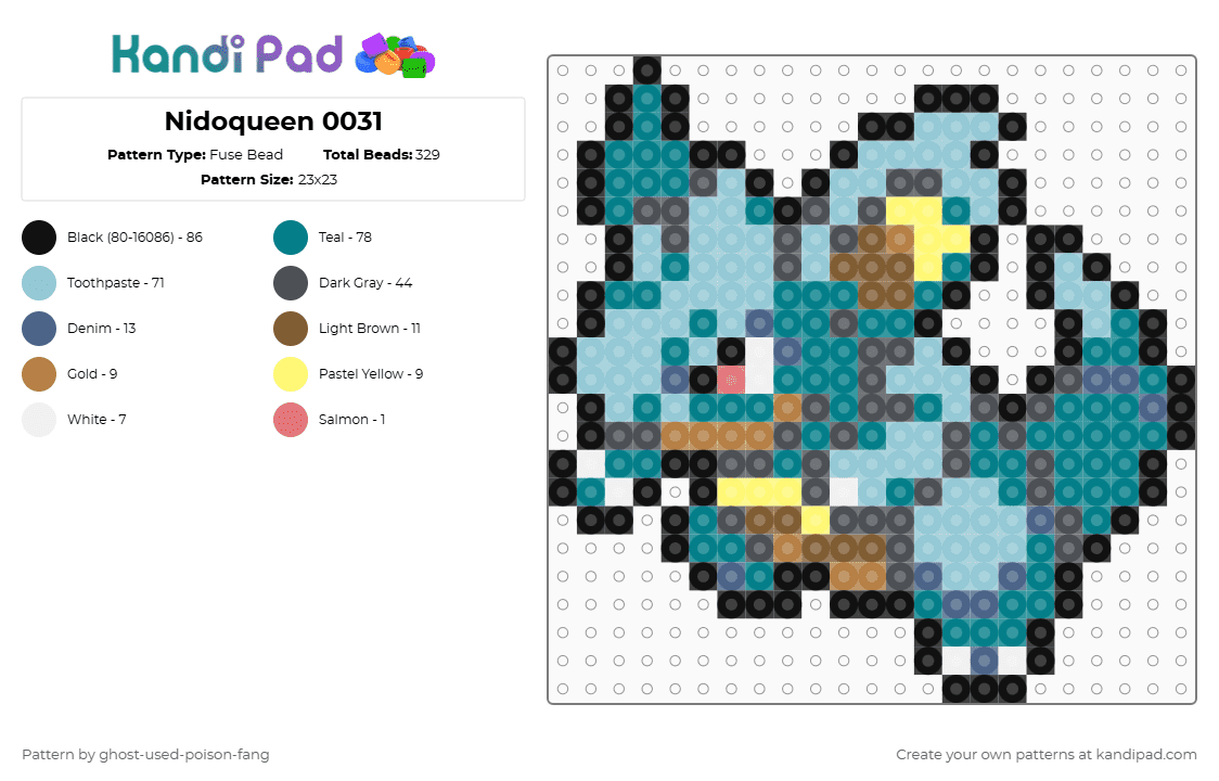 Nidoqueen 0031 - Fuse Bead Pattern by ghost-used-poison-fang on Kandi Pad - gray,teal,light blue,pokemon
