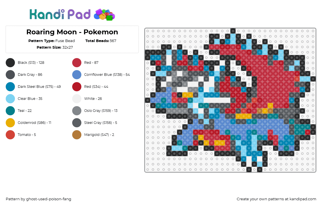 Roaring Moon - Pokemon - Fuse Bead Pattern by ghost-used-poison-fang on Kandi Pad - roaring moon,pokemon,character,gaming,red,teal