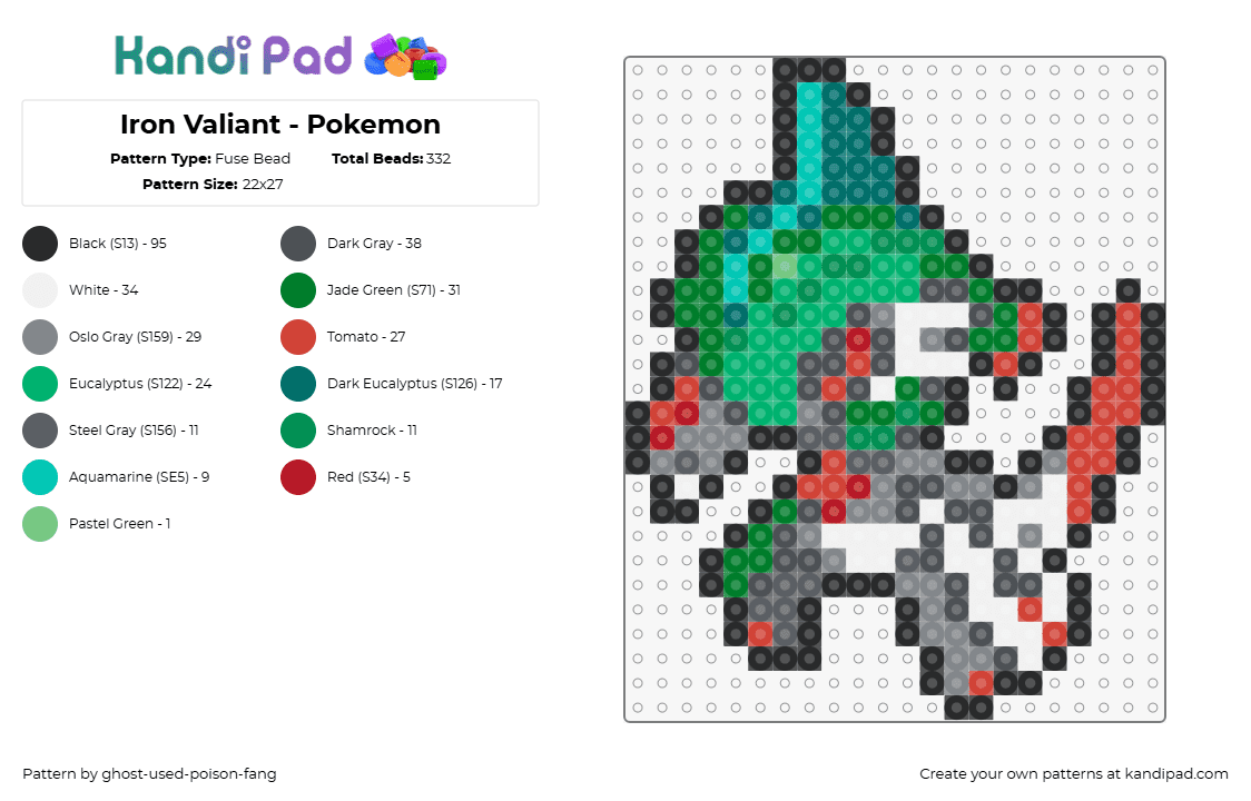 Iron Valiant - Pokemon - Fuse Bead Pattern by ghost-used-poison-fang on Kandi Pad - iron valiant,pokemon,character,gaming,green