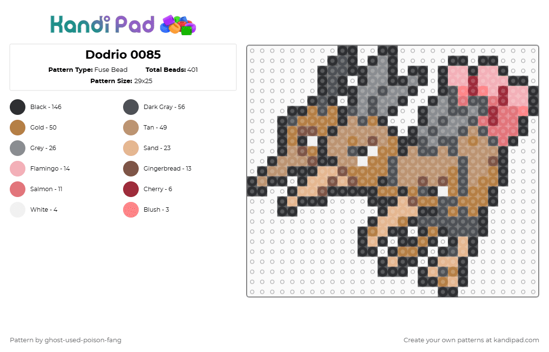 Dodrio 0085 - Fuse Bead Pattern by ghost-used-poison-fang on Kandi Pad - gray,beige,tan,pokemon