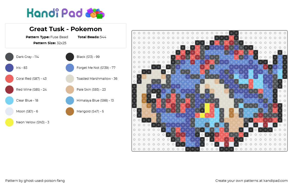 Great Tusk - Pokemon - Fuse Bead Pattern by ghost-used-poison-fang on Kandi Pad - great tusk,pokemon,horned,character,gaming,blue,red,beige