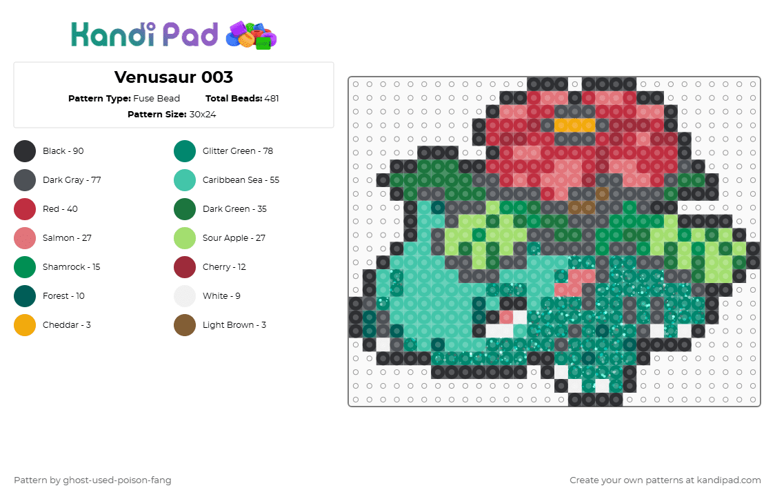 Venusaur 0003 - Fuse Bead Pattern by ghost-used-poison-fang on Kandi Pad - gray,red,green,teal