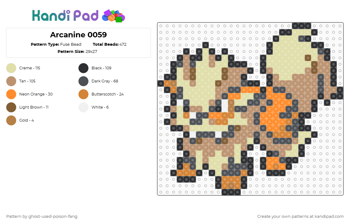 Arcanine 0059 - Fuse Bead Pattern by ghost-used-poison-fang on Kandi Pad - gray,beige,yellow