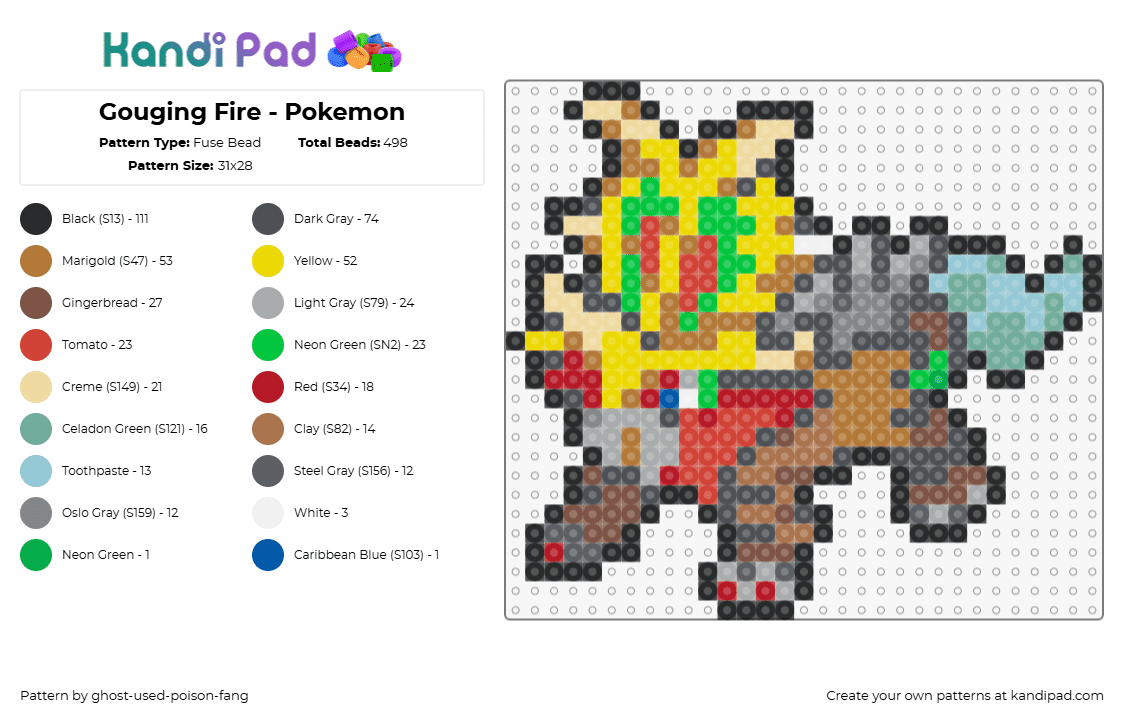 Gouging Fire - Pokemon - Fuse Bead Pattern by ghost-used-poison-fang on Kandi Pad - gouging fire,pokemon,character,gaming,yellow,brown