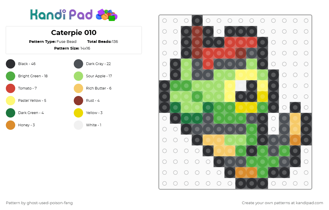 Caterpie 0010 - Fuse Bead Pattern by ghost-used-poison-fang on Kandi Pad - gray,green