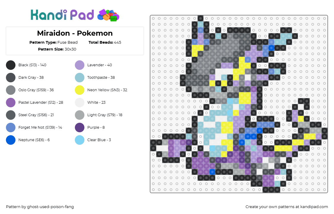 Miraidon - Pokemon - Fuse Bead Pattern by ghost-used-poison-fang on Kandi Pad - miraidon,pokemon,character,gaming,purple,light blue,gray