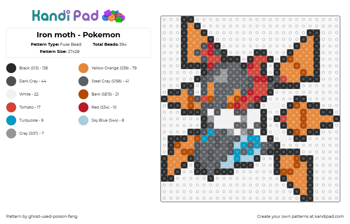 Iron moth 0994 - Fuse Bead Pattern by ghost-used-poison-fang on Kandi Pad - iron moth,pokemon