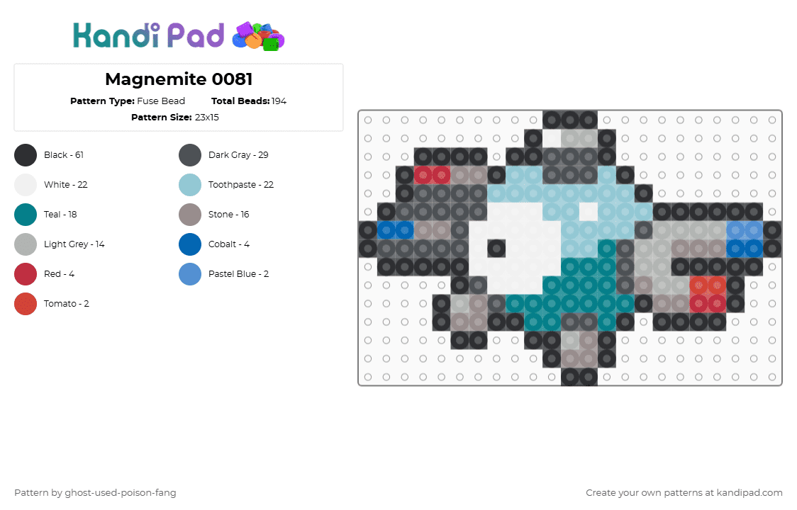 Magnemite 0081 - Fuse Bead Pattern by ghost-used-poison-fang on Kandi Pad - gray,light blue,teal,pokemon