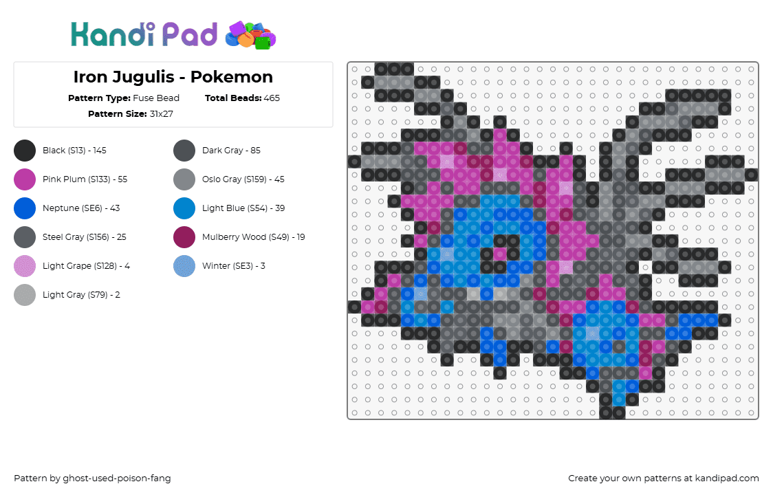 Iron Jugulis - Pokemon - Fuse Bead Pattern by ghost-used-poison-fang on Kandi Pad - iron jugulis,pokemon,character,gaming,blue,purple,black