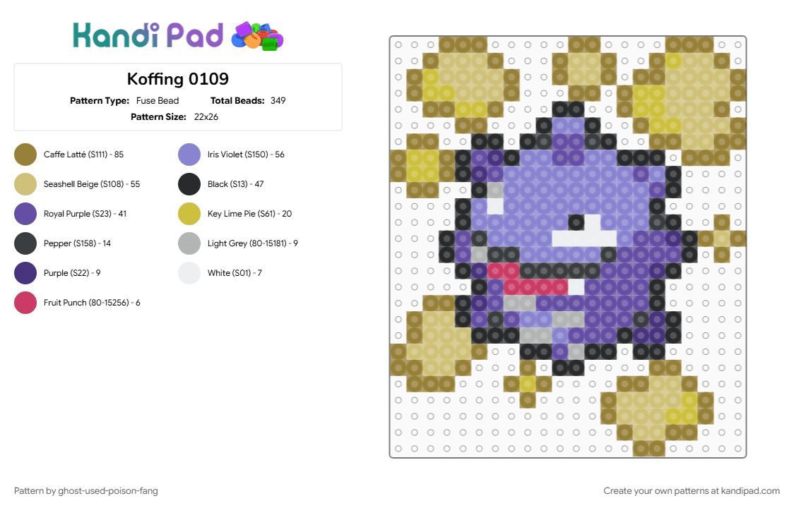 Koffing 0109 - Fuse Bead Pattern by ghost-used-poison-fang on Kandi Pad - beige, blue, gold, koffing, pokemon, pokemon sprite, purple