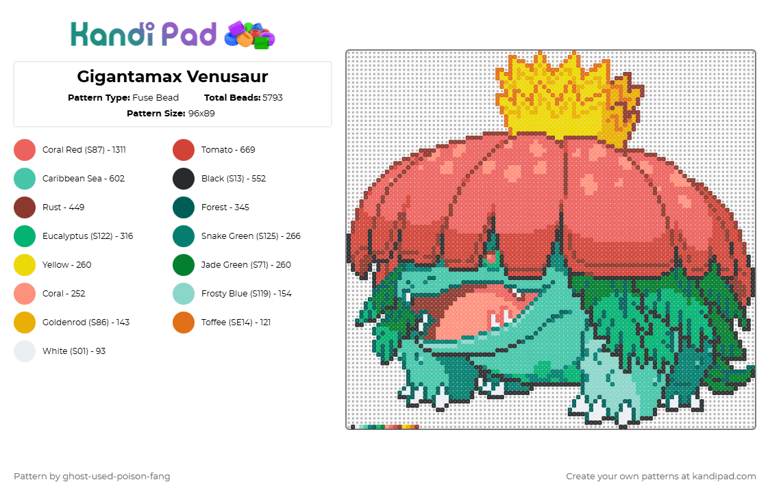 Gigantamax Venusaur - Fuse Bead Pattern by ghost-used-poison-fang on Kandi Pad - teal,red