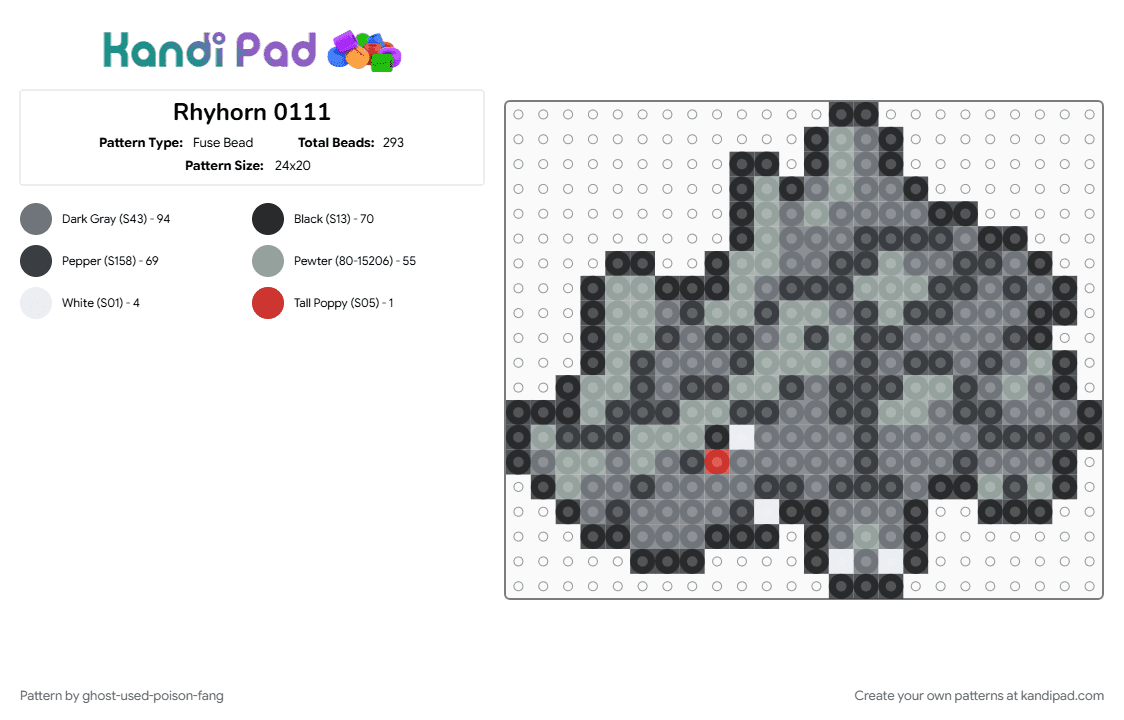 Rhyhorn 0111 - Fuse Bead Pattern by ghost-used-poison-fang on Kandi Pad - gray, pokemon, pokemon sprite, rhyhorn