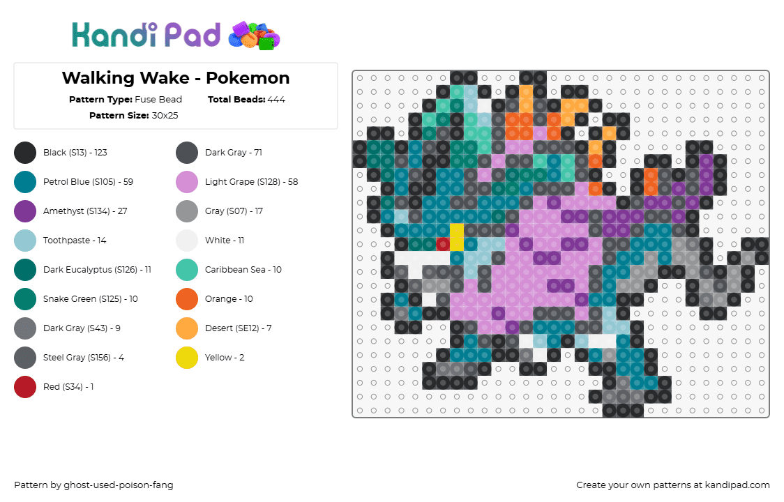 Walking Wake - Pokemon - Fuse Bead Pattern by ghost-used-poison-fang on Kandi Pad - walking wake,pokemon,character,gaming,teal,purple