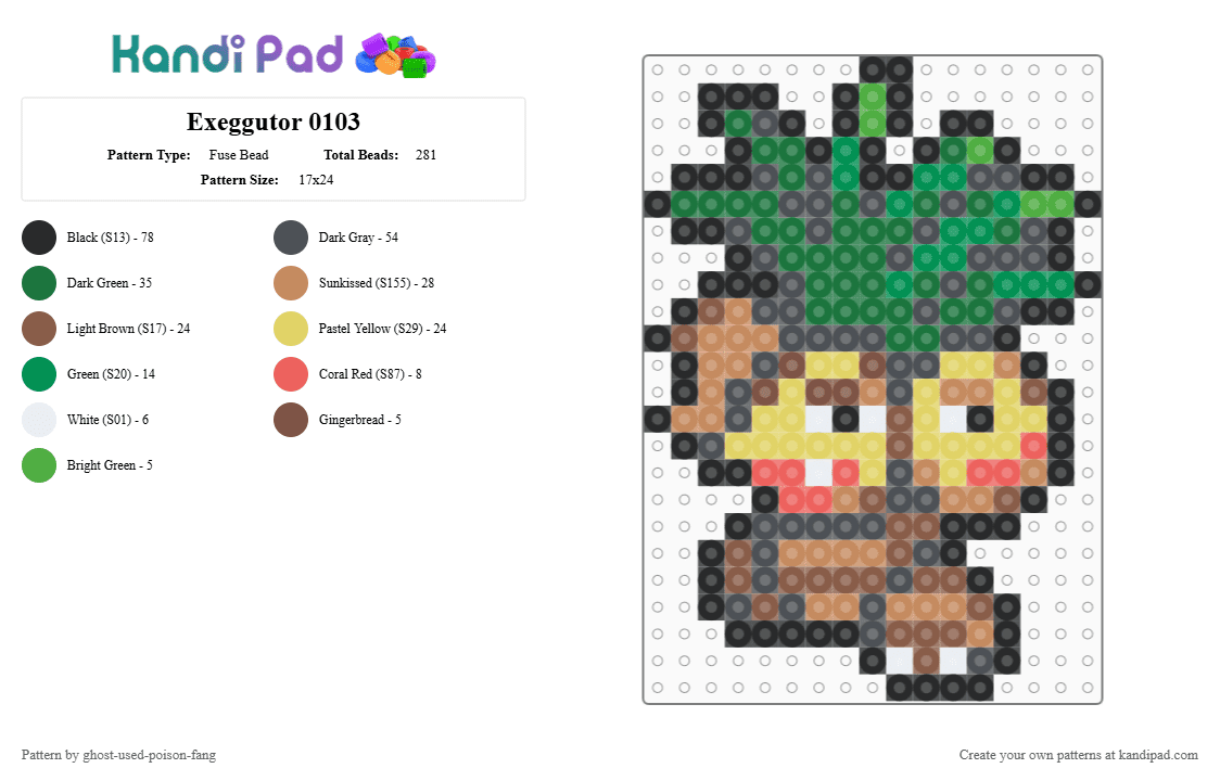 Exeggutor 0103 - Fuse Bead Pattern by ghost-used-poison-fang on Kandi Pad - gray,tan,green
