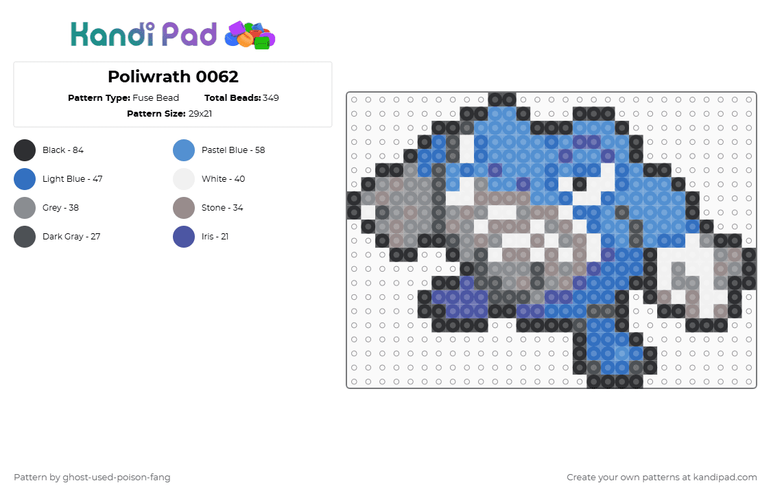 Poliwrath 0062 - Fuse Bead Pattern by ghost-used-poison-fang on Kandi Pad - gray,light blue,pokemon