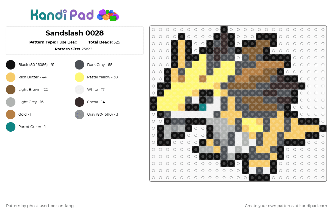 Sandslash 0028 - Fuse Bead Pattern by ghost-used-poison-fang on Kandi Pad - gray,tan,yellow,pokemon