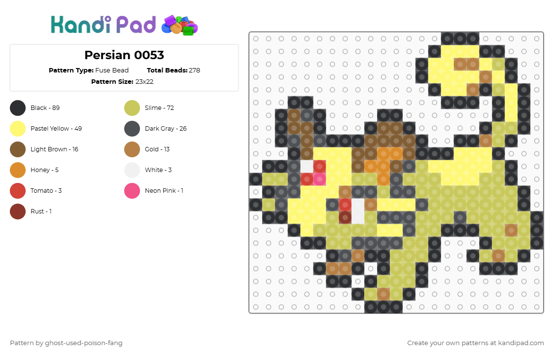 Persian 0053 - Fuse Bead Pattern by ghost-used-poison-fang on Kandi Pad - yellow,tan,green,gray,pokemon