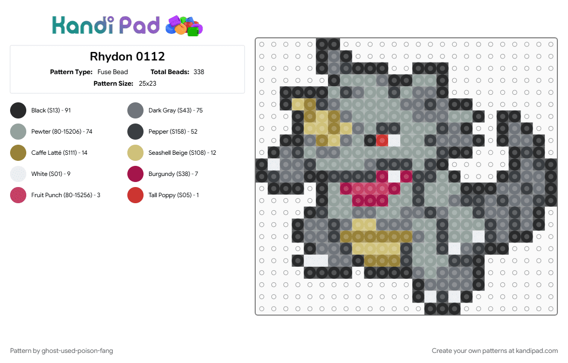 Rhydon 0112 - Fuse Bead Pattern by ghost-used-poison-fang on Kandi Pad - gray, pokemon, pokemon sprite, rhydon