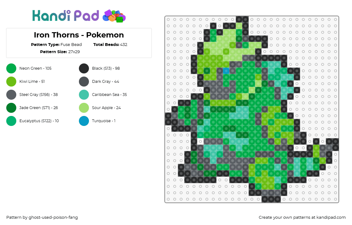 Iron Thorns - Pokemon - Fuse Bead Pattern by ghost-used-poison-fang on Kandi Pad - iron thorns,pokemon,character,gaming,green