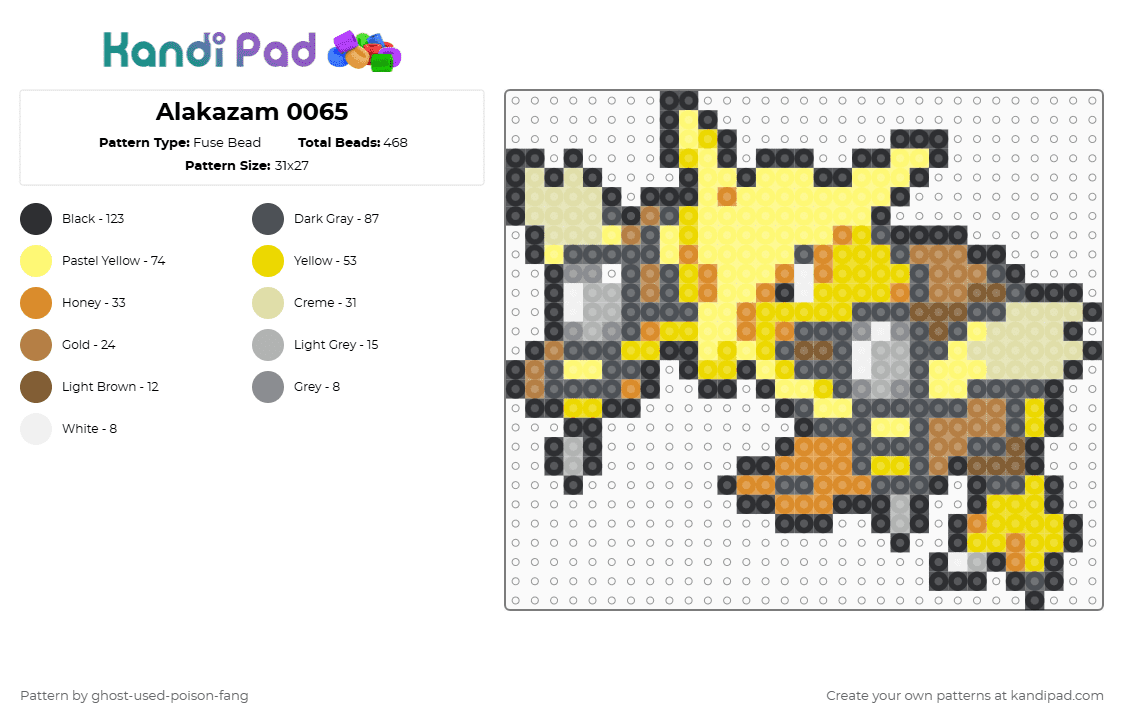 Alakazam 0065 - Fuse Bead Pattern by ghost-used-poison-fang on Kandi Pad - gray,yellow,pokemon