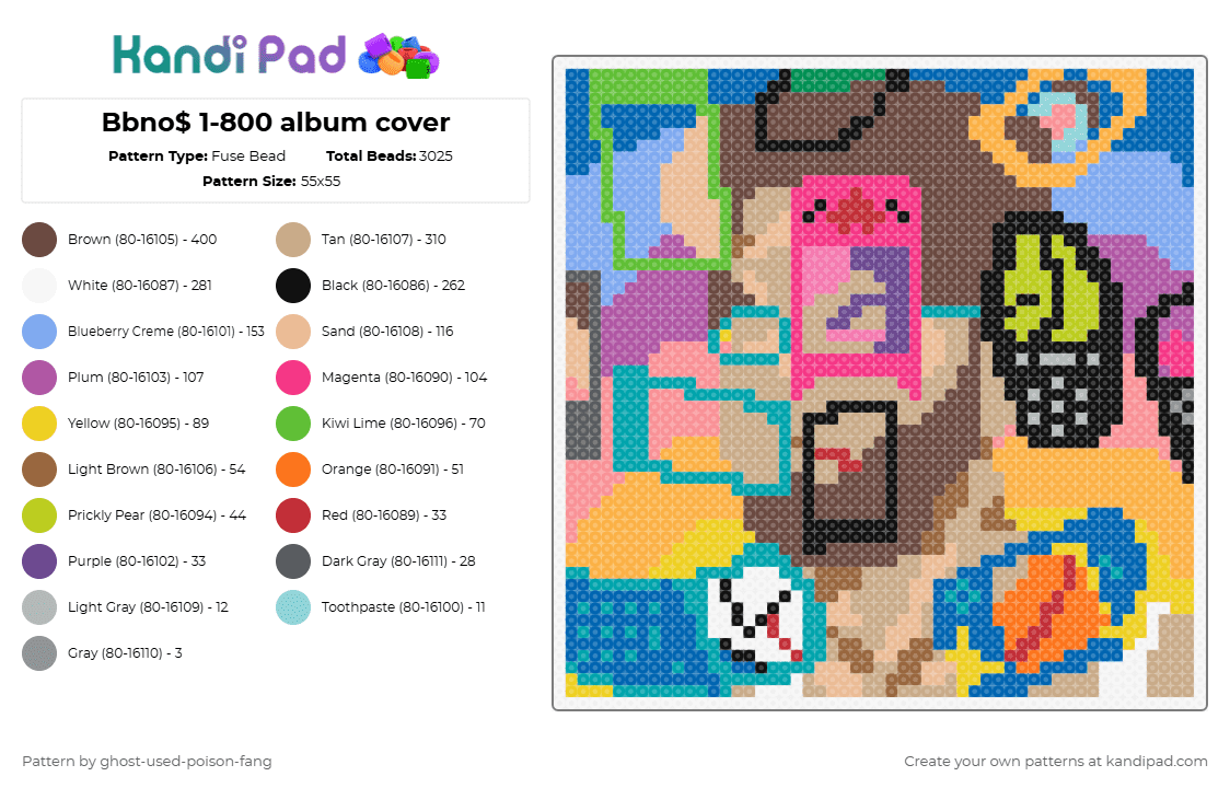 Bbno$ 1-800 album cover - Fuse Bead Pattern by ghost-used-poison-fang on Kandi Pad - orange,light blue,beige,teal,colorful