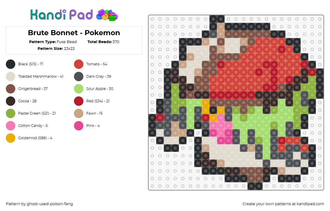 Brute Bonnet - Pokemon - Fuse Bead Pattern by ghost-used-poison-fang on Kandi Pad - brute bonnet,pokemon,character,gaming,red,white,tan