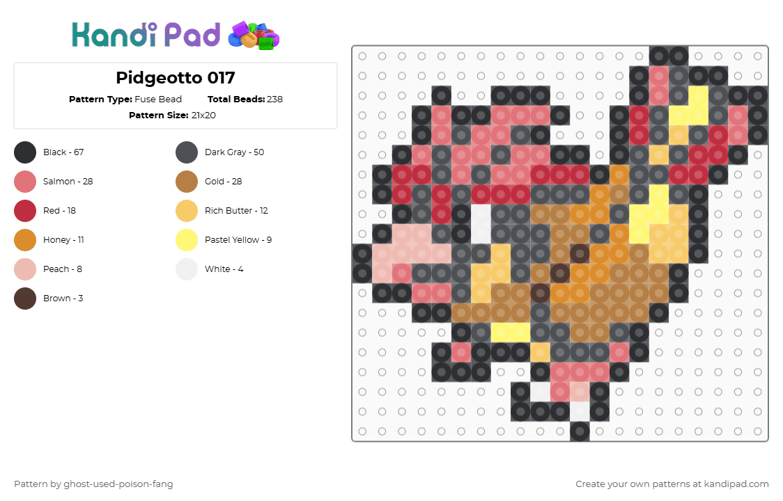 Pidgeotto 0017 - Fuse Bead Pattern by ghost-used-poison-fang on Kandi Pad - gray,red,tan